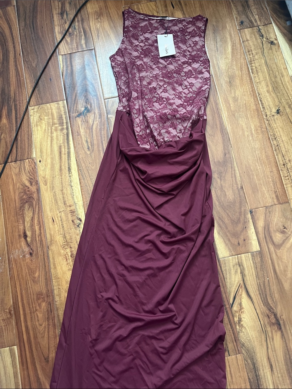 SHEIN Sleeveless Lace Bodice Maxi Dress in Wine